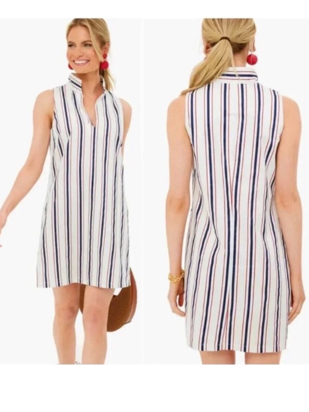 Tuckernuck Clifton White Sleeveless Shift Dress with Navy & Red Stripes Size XXS